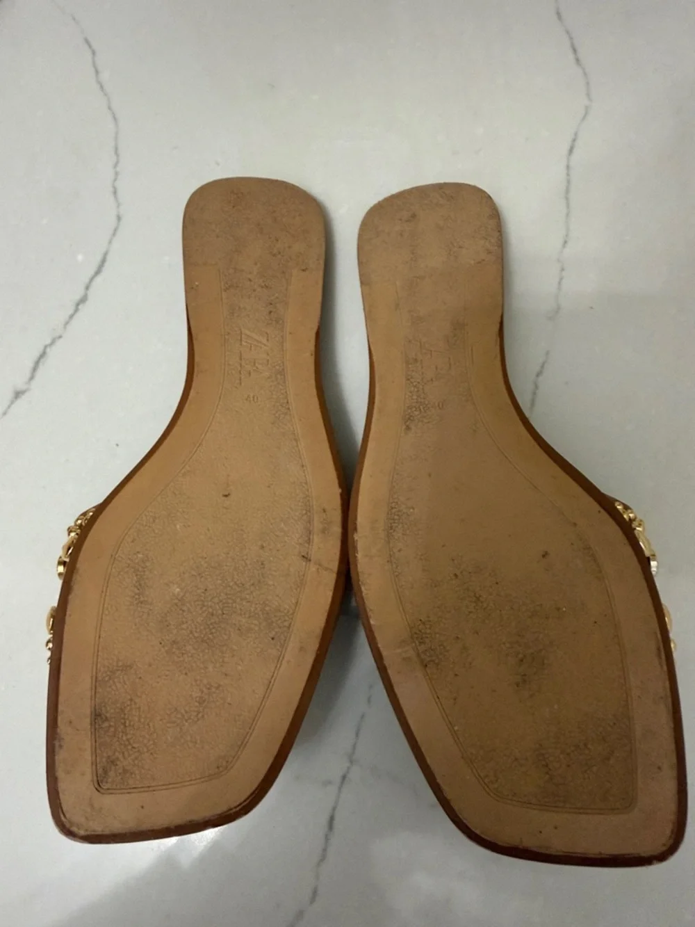 Zara Tan/Brown Leather Slide Sandals with Gold Studs - Picture 4 of 4